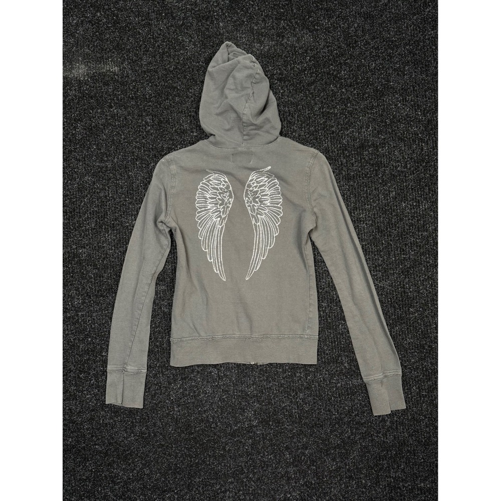 JimmyZ Angel Wings Graphic Full Zip Hoodie Grey Y2K Cotton Womens Size Medium